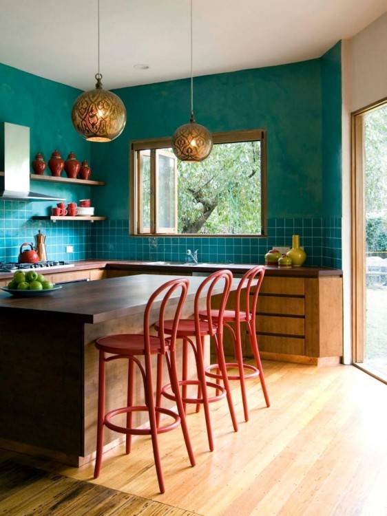 Kitchen with shimmer blue turquoise backsplash and farmhouse sink